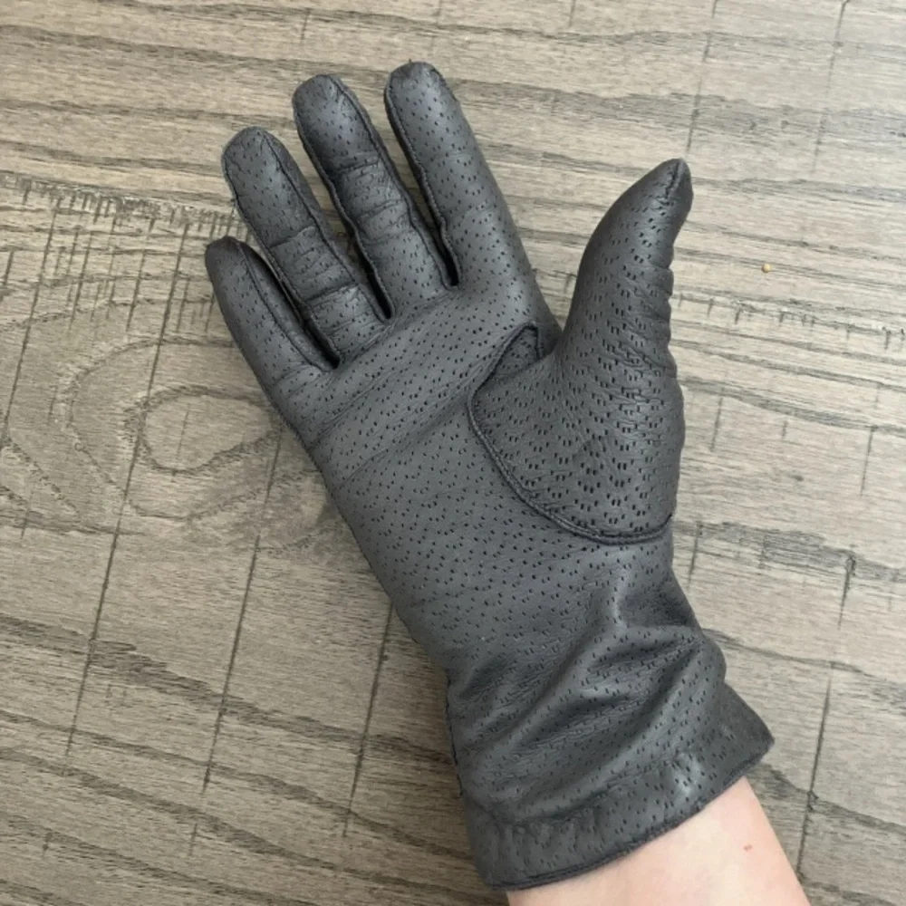Vintage Grey Perforated Genuine Leather Gloves Cashmere Lined Women’s Winter Sm.